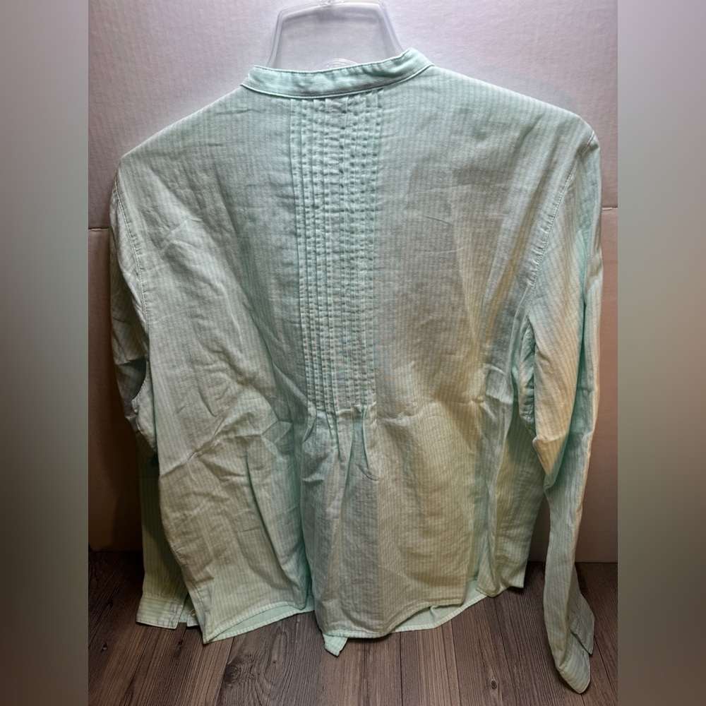 L.L. Bean Women's Mint Green striped Pleated Front Long Sleeve Blouse Size Large - Picture 6 of 7